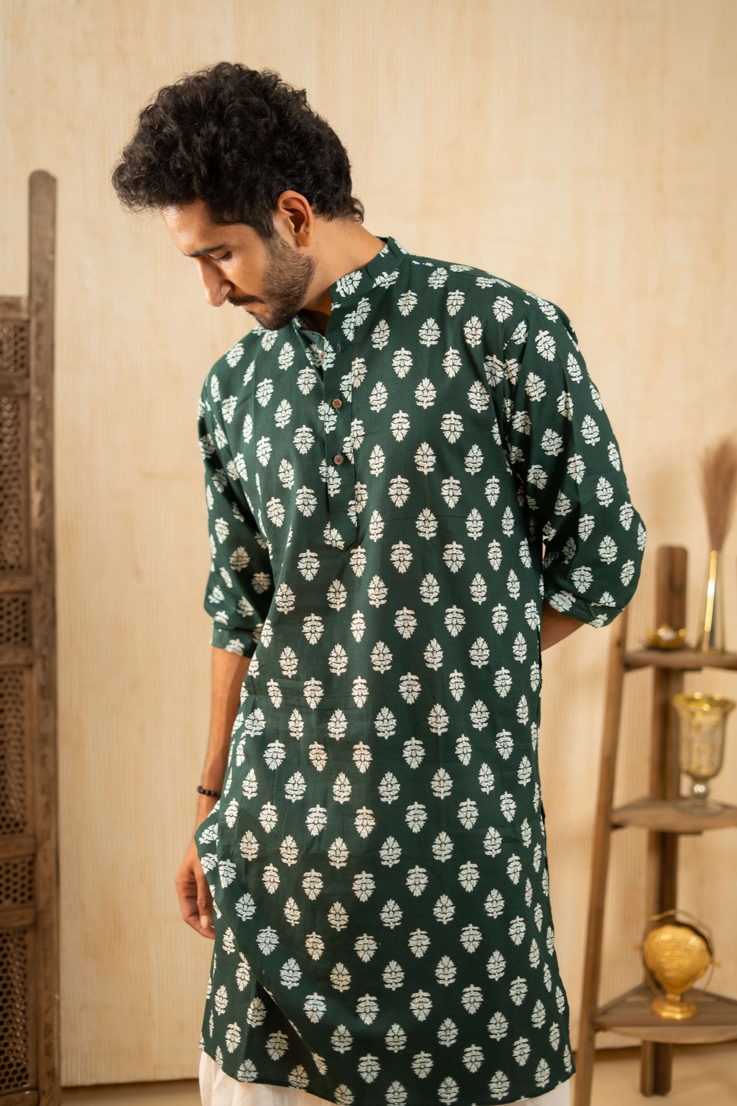 The Dark Green Long Kurta With White Flower Print