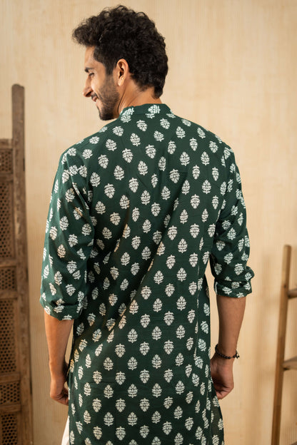 The Dark Green Long Kurta With White Flower Print