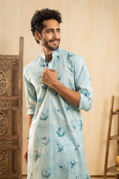 The Fountain Blue Long Kurta With Blue Flower Print And Foil Work