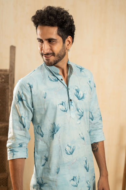 The Fountain Blue Long Kurta With Blue Flower Print And Foil Work