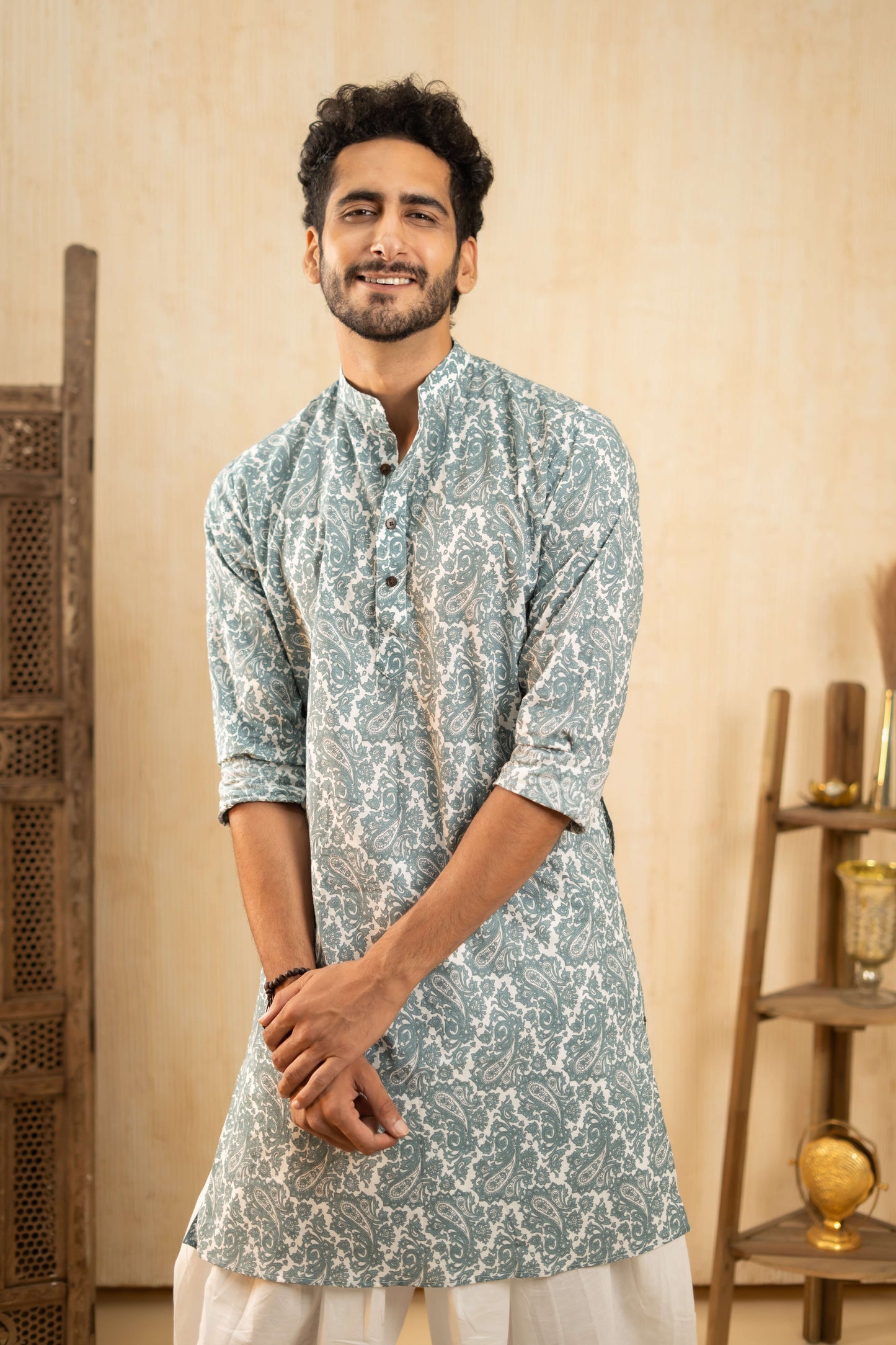 The White Long Kurta With All-Over Paisley Print