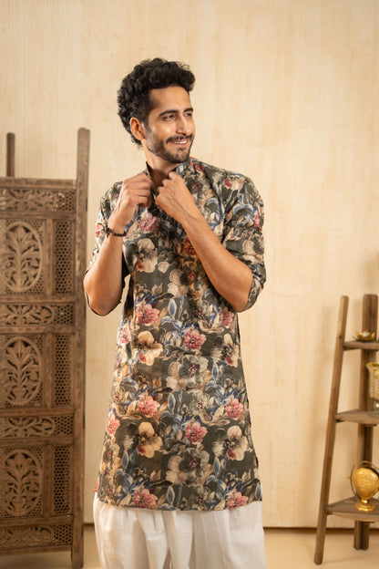 The Moss Green Foil Print Long Kurta with All Over Floral Print