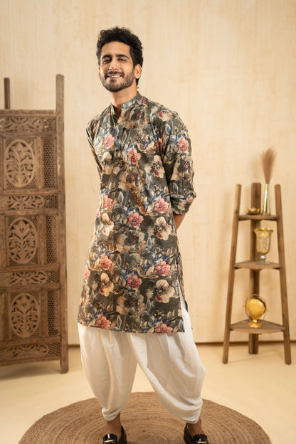 The Moss Green Foil Print Long Kurta with All Over Floral Print