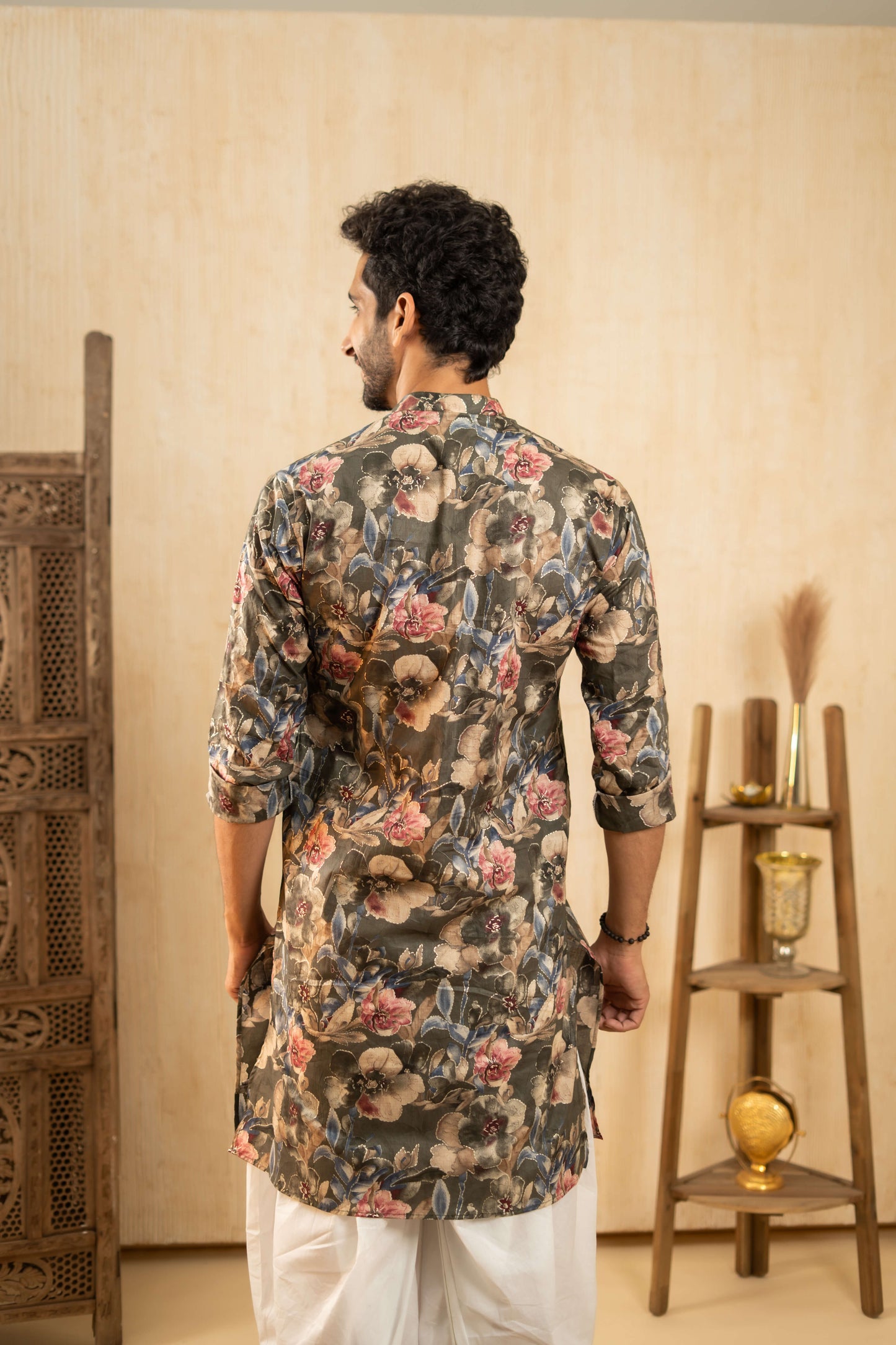 The Moss Green Foil Print Long Kurta with All Over Floral Print