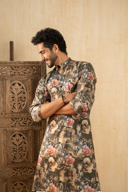 The Moss Green Foil Print Long Kurta with All Over Floral Print