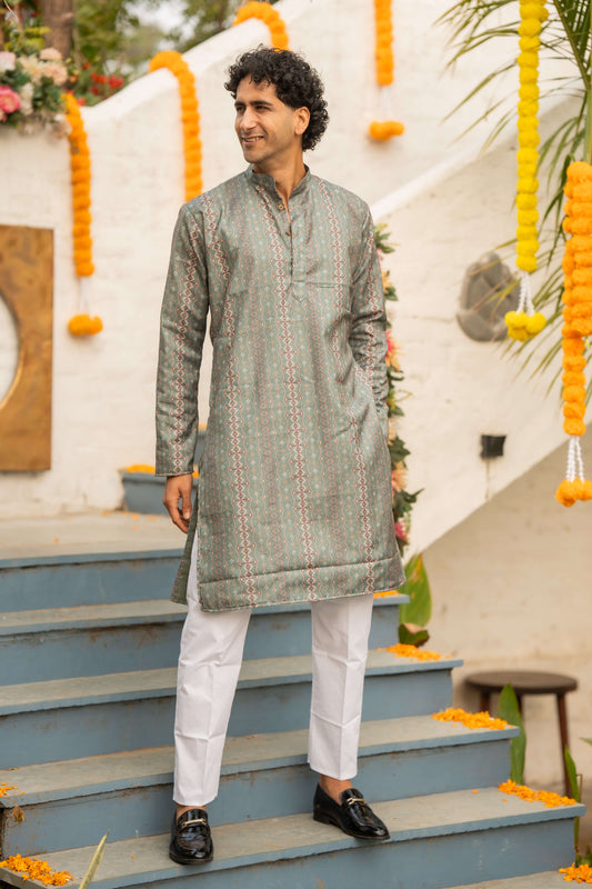 green long kurta for men with tribal print