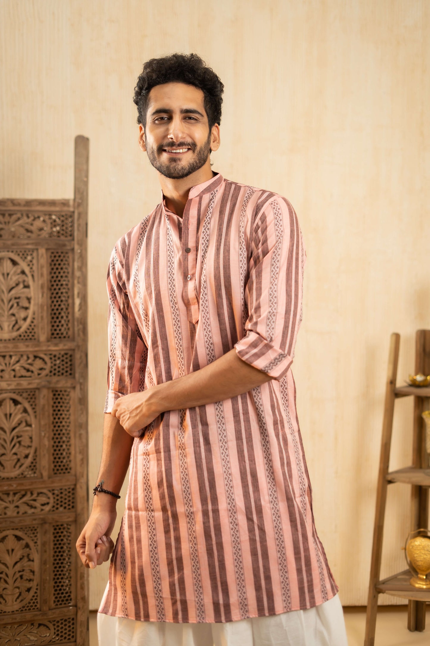 The Flamingo Pink Long Kurta With Black Stripe Print