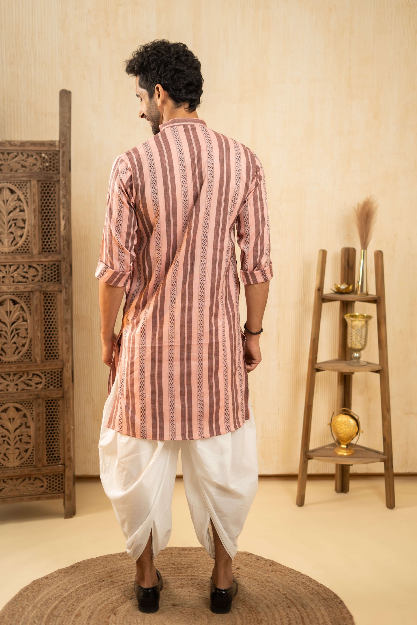 The Flamingo Pink Long Kurta With Black Stripe Print