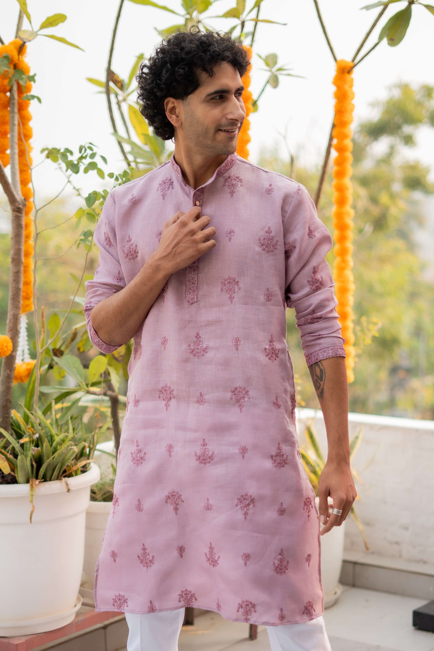 pink kurta for men with embroidery work