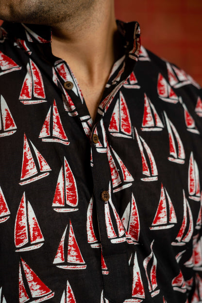 The Black Short Kurta With White And Red Boat Print