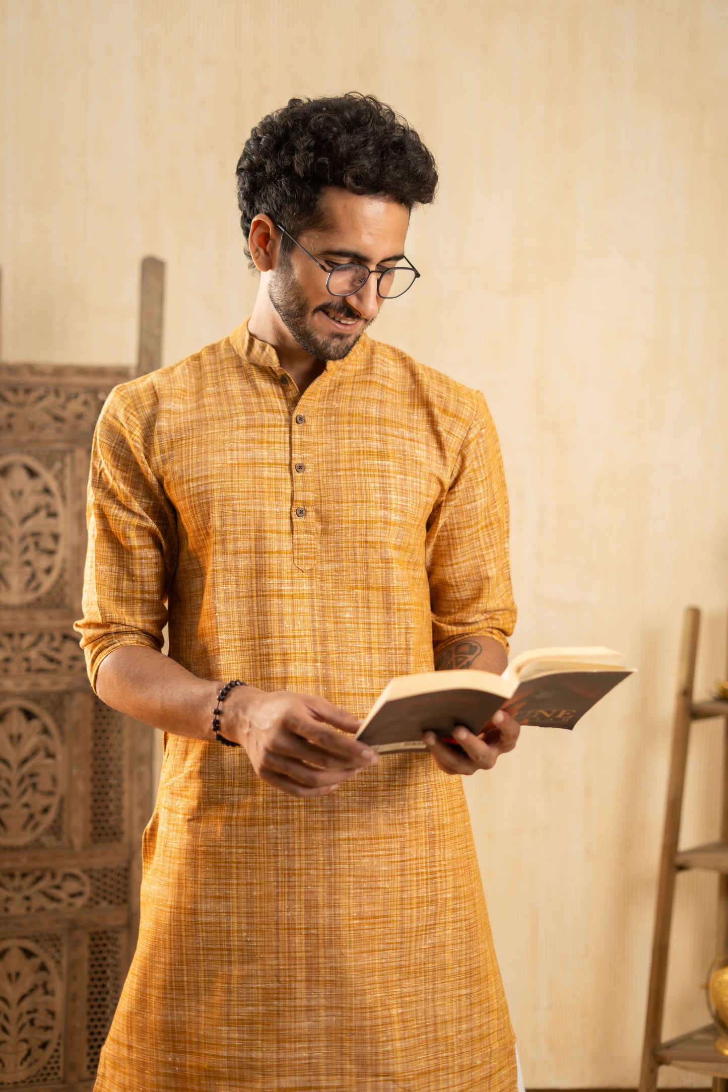 The Khadi Long Kurta in Yellowish Orange and Light Brown Color