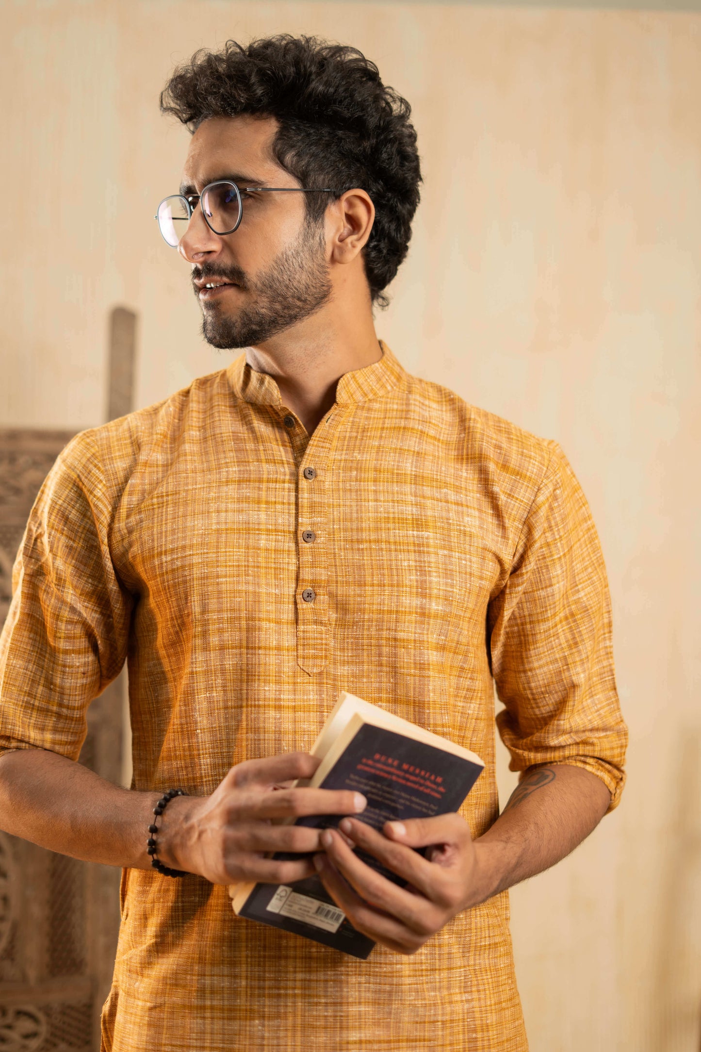 The Khadi Long Kurta in Yellowish Orange and Light Brown Color