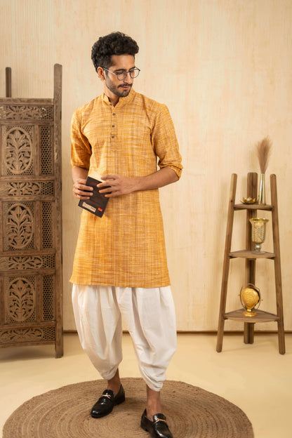 The Khadi Long Kurta in Yellowish Orange and Light Brown Color