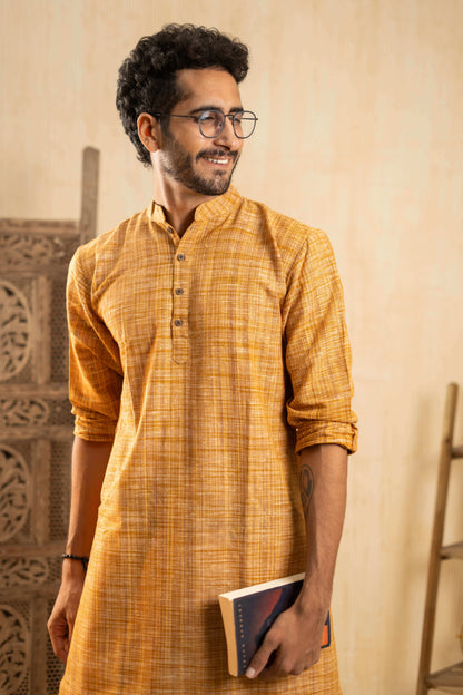 The Khadi Long Kurta in Yellowish Orange and Light Brown Color