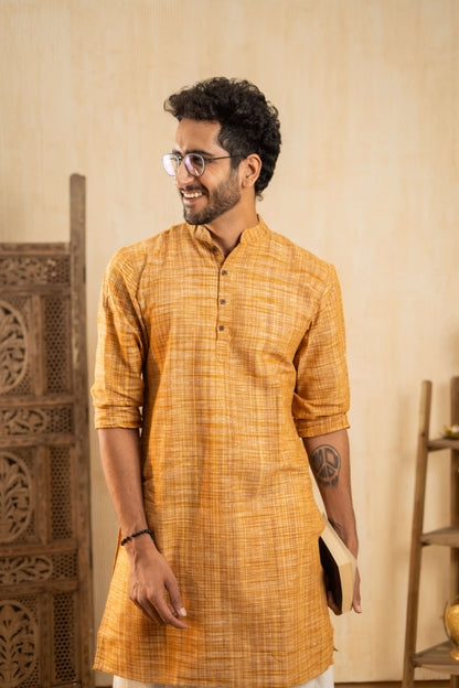 The Khadi Long Kurta in Yellowish Orange and Light Brown Color