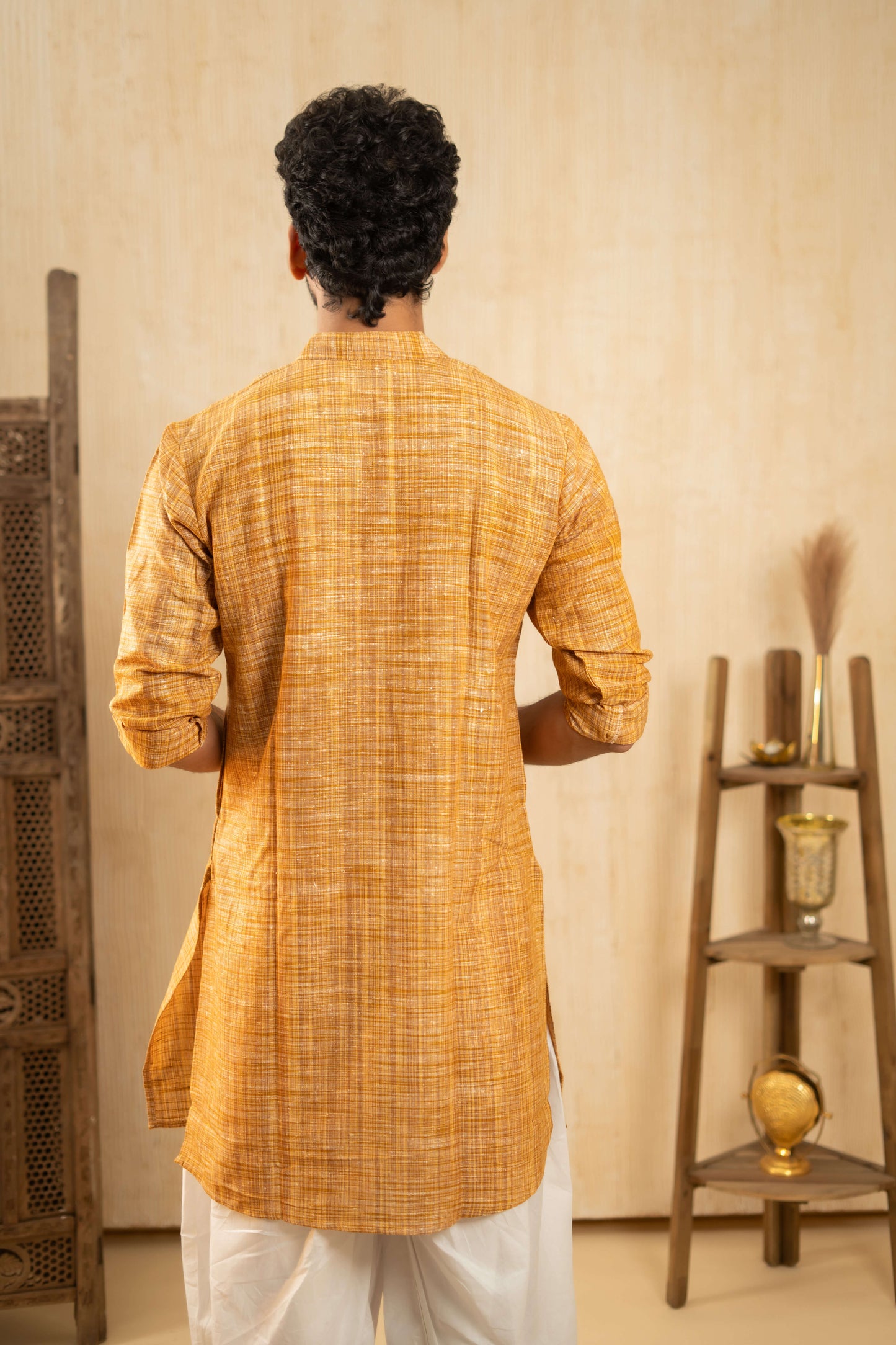 The Khadi Long Kurta in Yellowish Orange and Light Brown Color