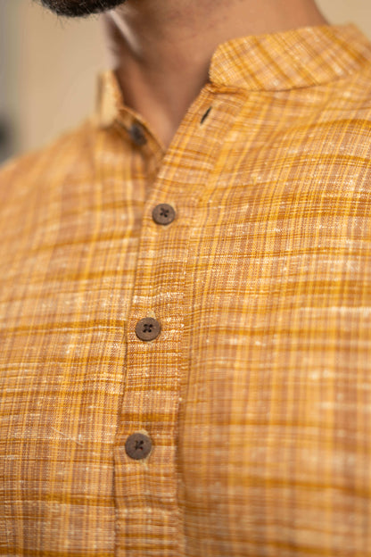 The Khadi Long Kurta in Yellowish Orange and Light Brown Color