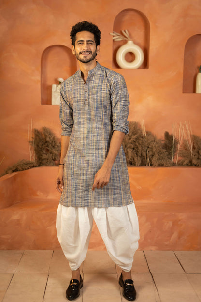 The Khadi Long Kurta in Marble Blue and Light Brown Color