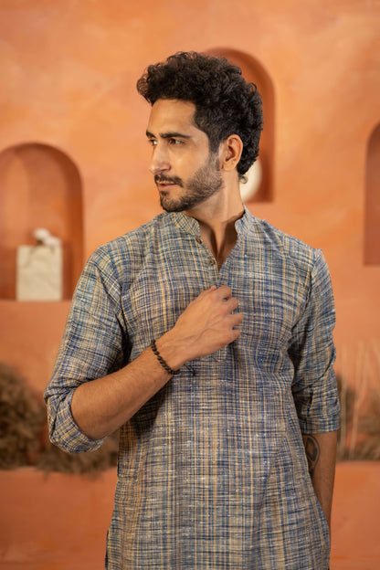 The Khadi Long Kurta in Marble Blue and Light Brown Color