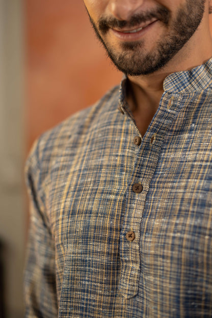 The Khadi Long Kurta in Marble Blue and Light Brown Color