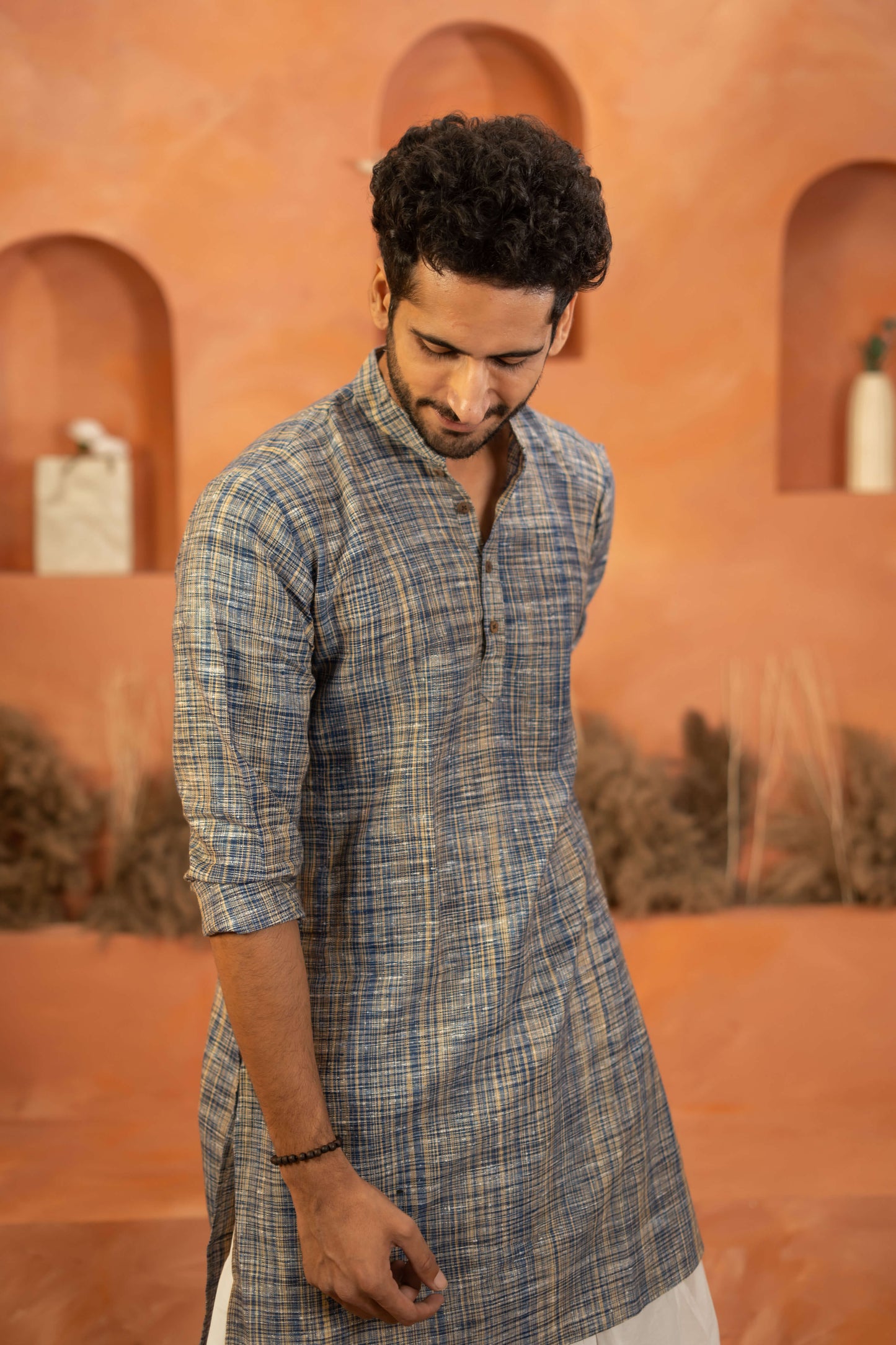 The Khadi Long Kurta in Marble Blue and Light Brown Color