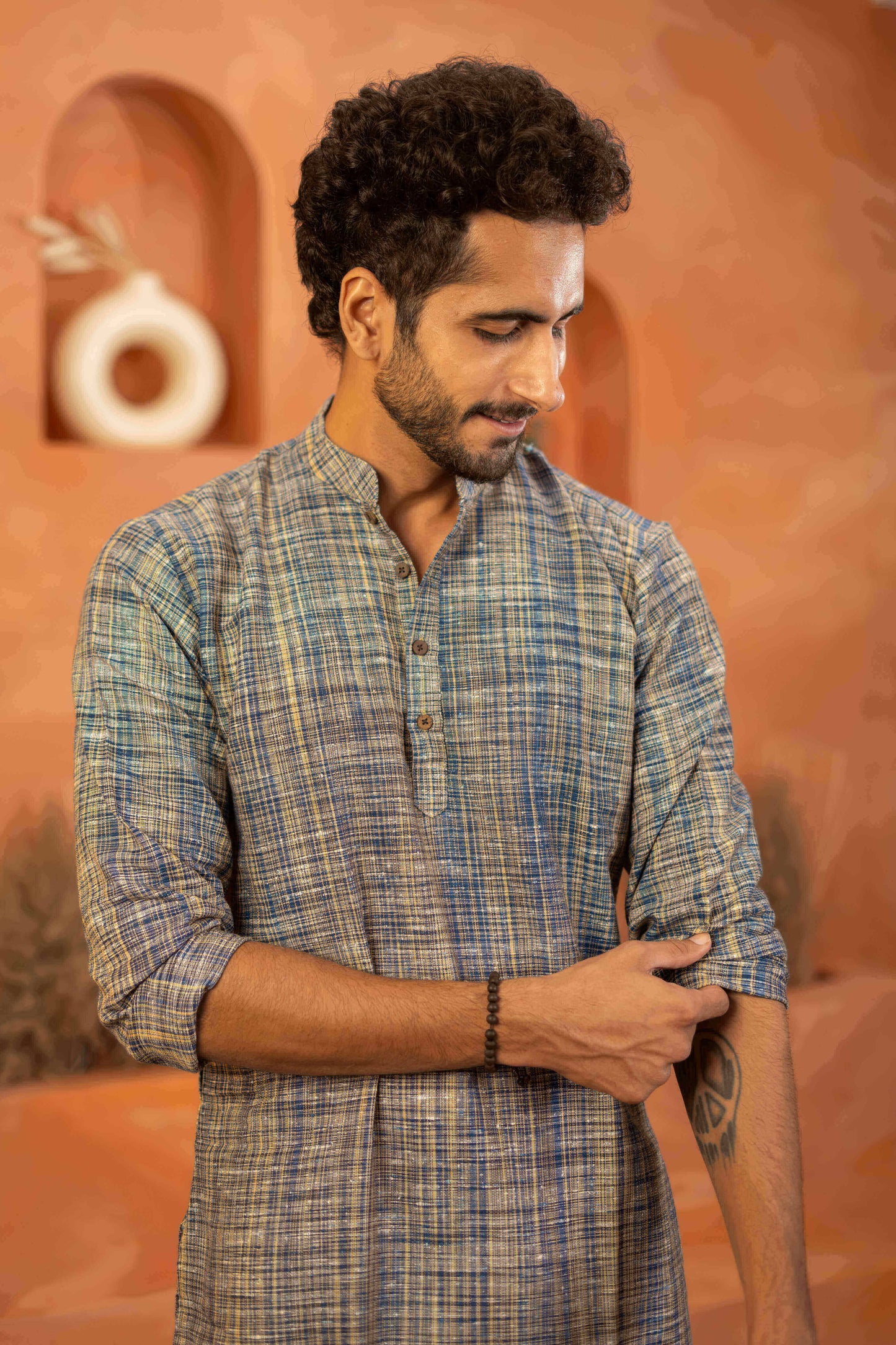 The Khadi Long Kurta in Marble Blue and Light Brown Color