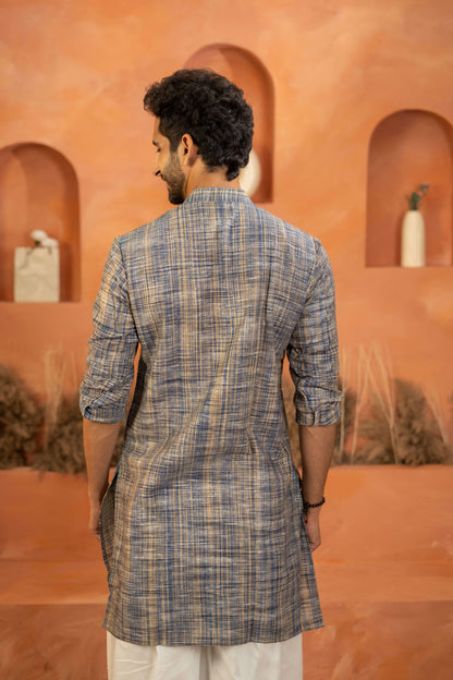 The Khadi Long Kurta in Marble Blue and Light Brown Color