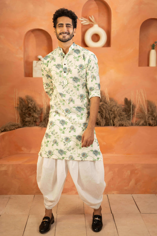 The White Long Kurta With Blue Flower And Vines Print