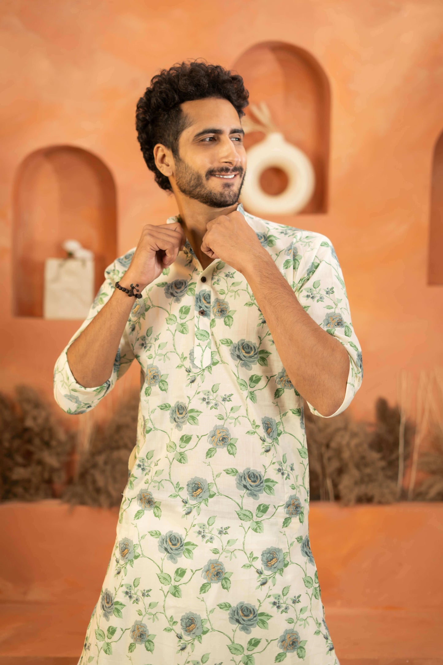 The White Long Kurta With Blue Flower And Vines Print