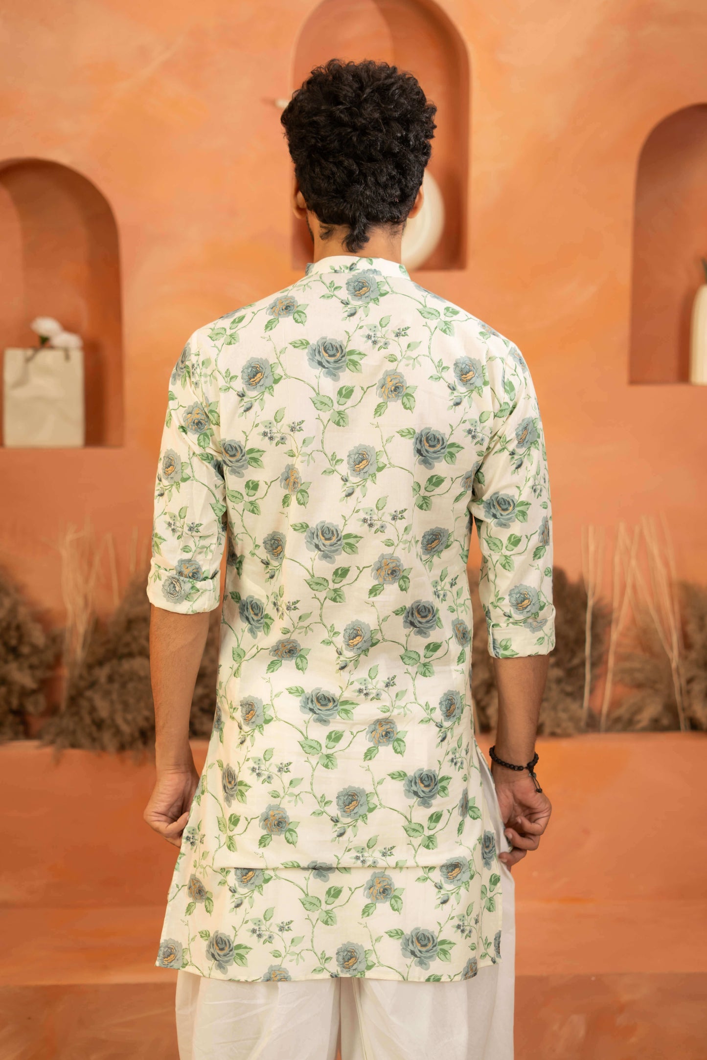 The White Long Kurta With Blue Flower And Vines Print