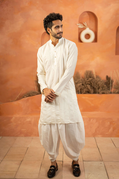 The White Long Kurta with Classic Embroidery and Sequins Work