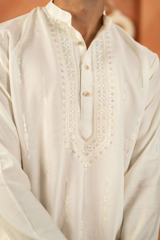 The White Long Kurta with Classic Embroidery and Sequins Work