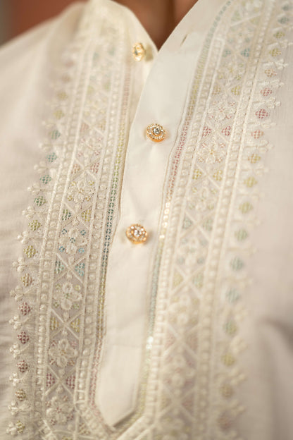 The White Long Kurta with Classic Embroidery and Sequins Work