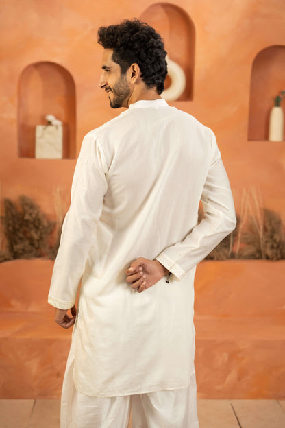 The White Long Kurta with Classic Embroidery and Sequins Work