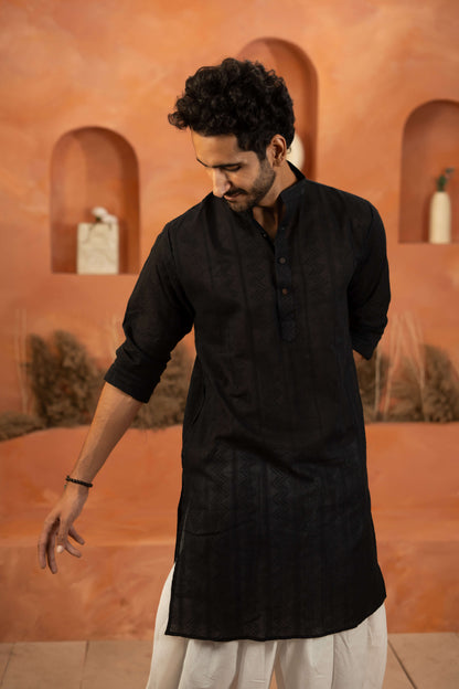 The Black Long Kurta With Self Work