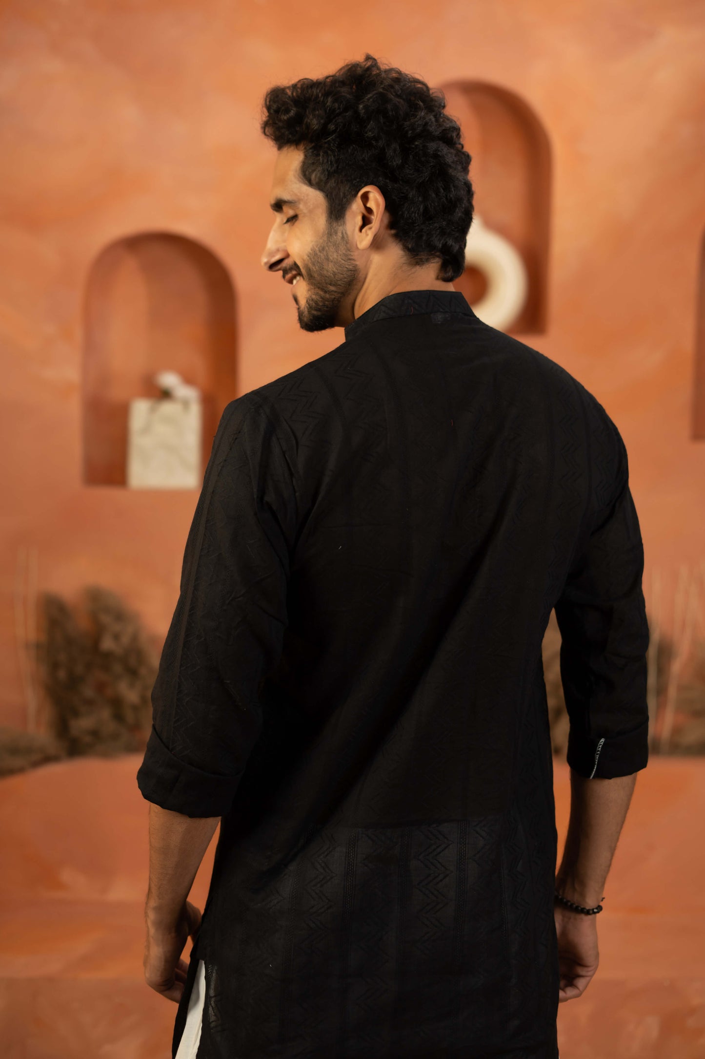 The Black Long Kurta With Self Work