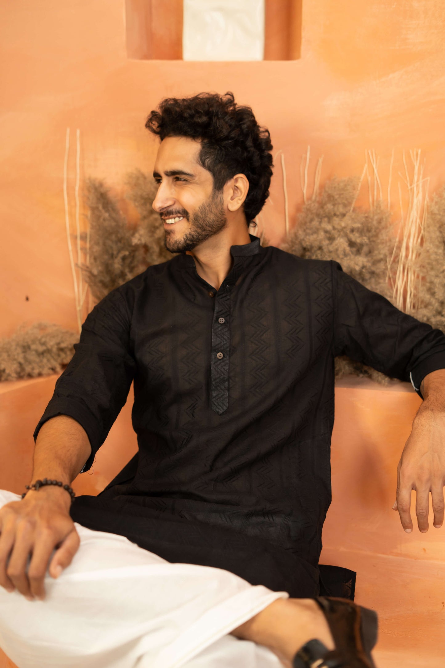 The Black Long Kurta With Self Work