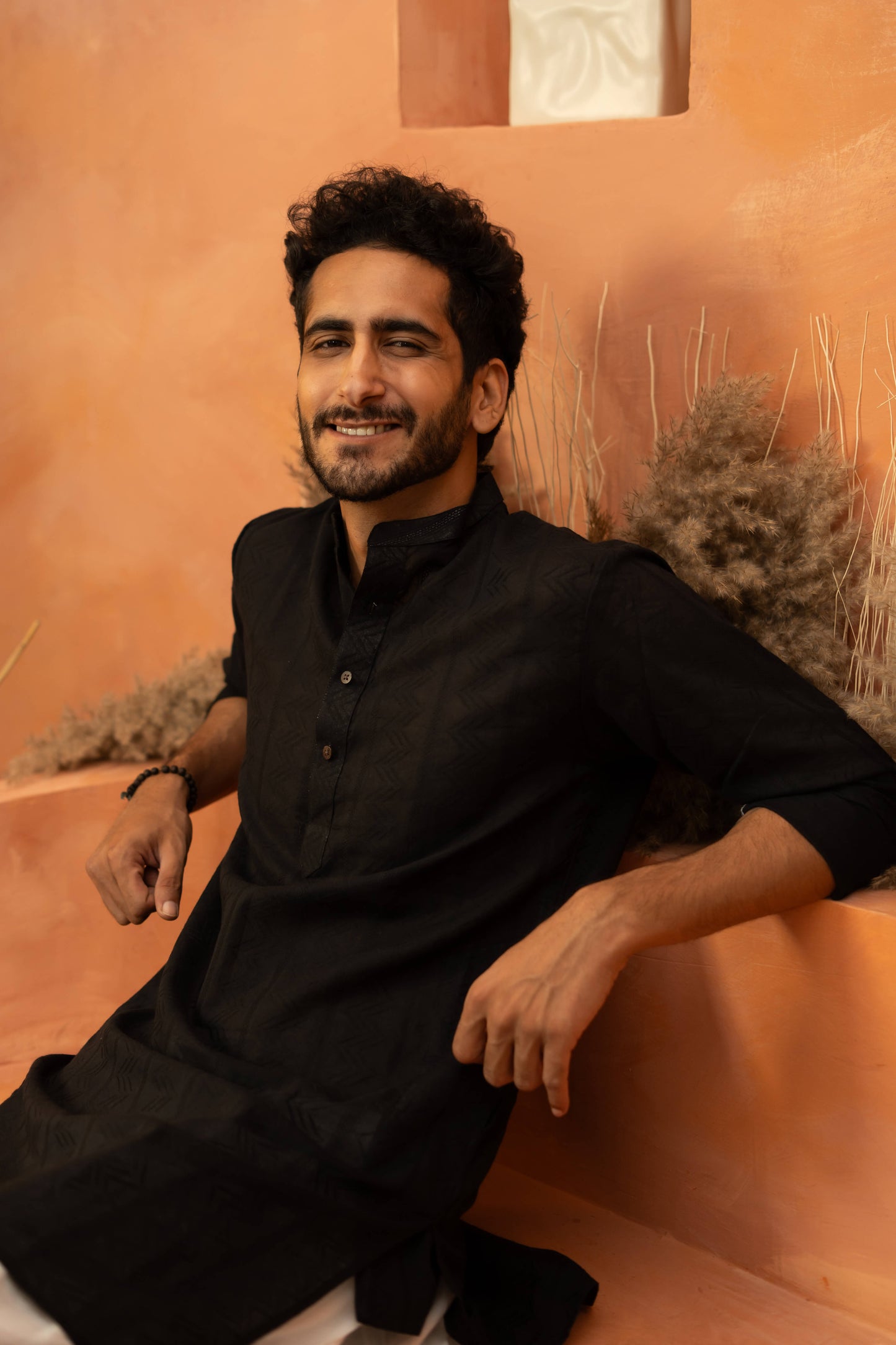 The Black Long Kurta With Self Work