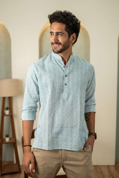 The White Kantha Work Short Kurta With Pastel Blue Tribal Print