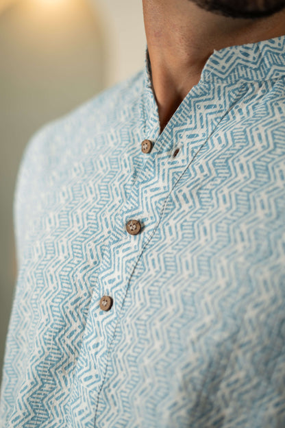 The White Kantha Work Short Kurta With Pastel Blue Tribal Print