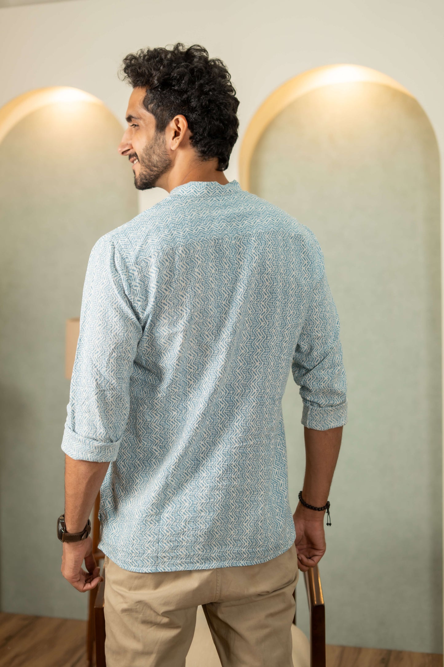 The White Kantha Work Short Kurta With Pastel Blue Tribal Print