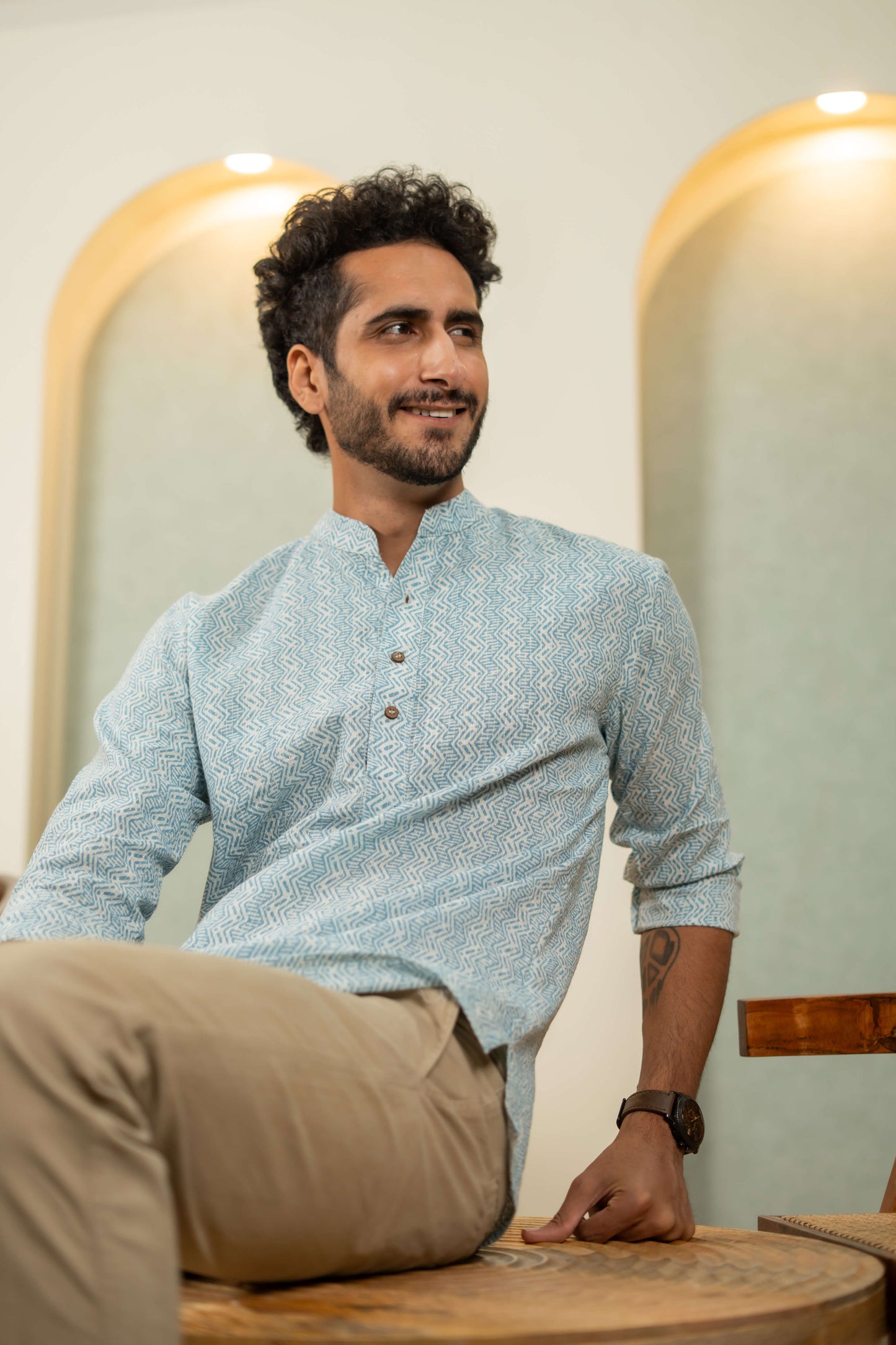 The White Kantha Work Short Kurta With Pastel Blue Tribal Print