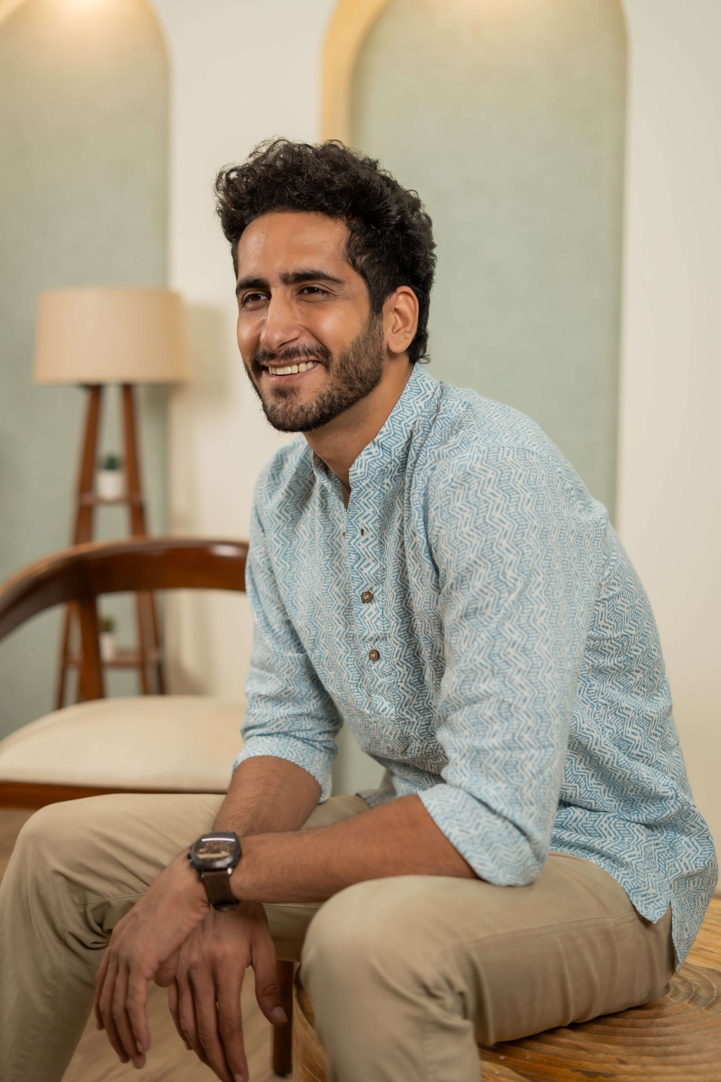 The White Kantha Work Short Kurta With Pastel Blue Tribal Print