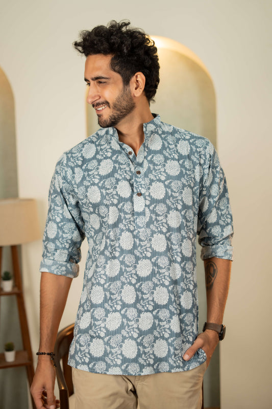 The Ice Blue Kantha Work Short Kurta With Flower Print