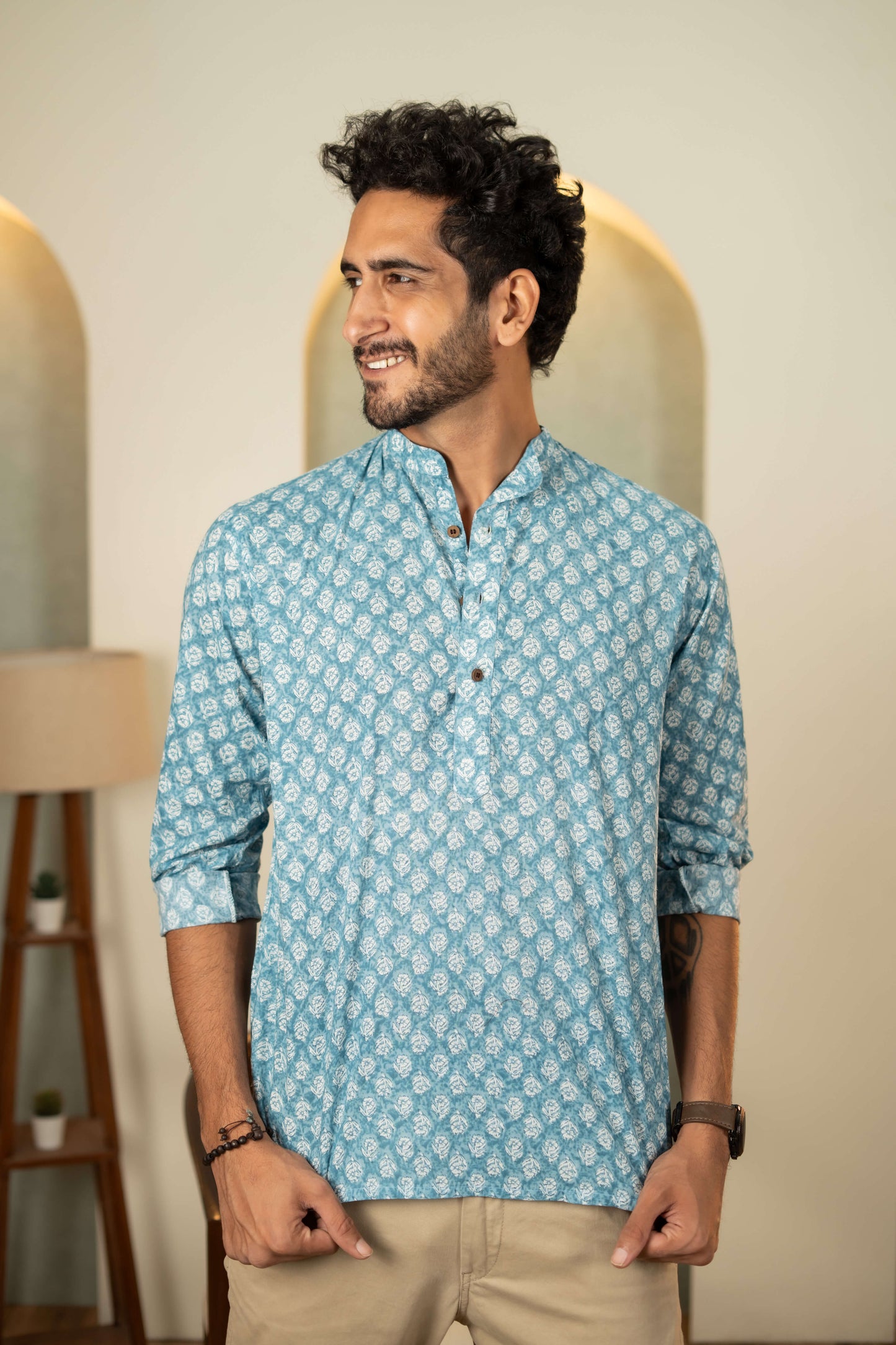 The Sky Blue Short Kurta With Floral Butti Print