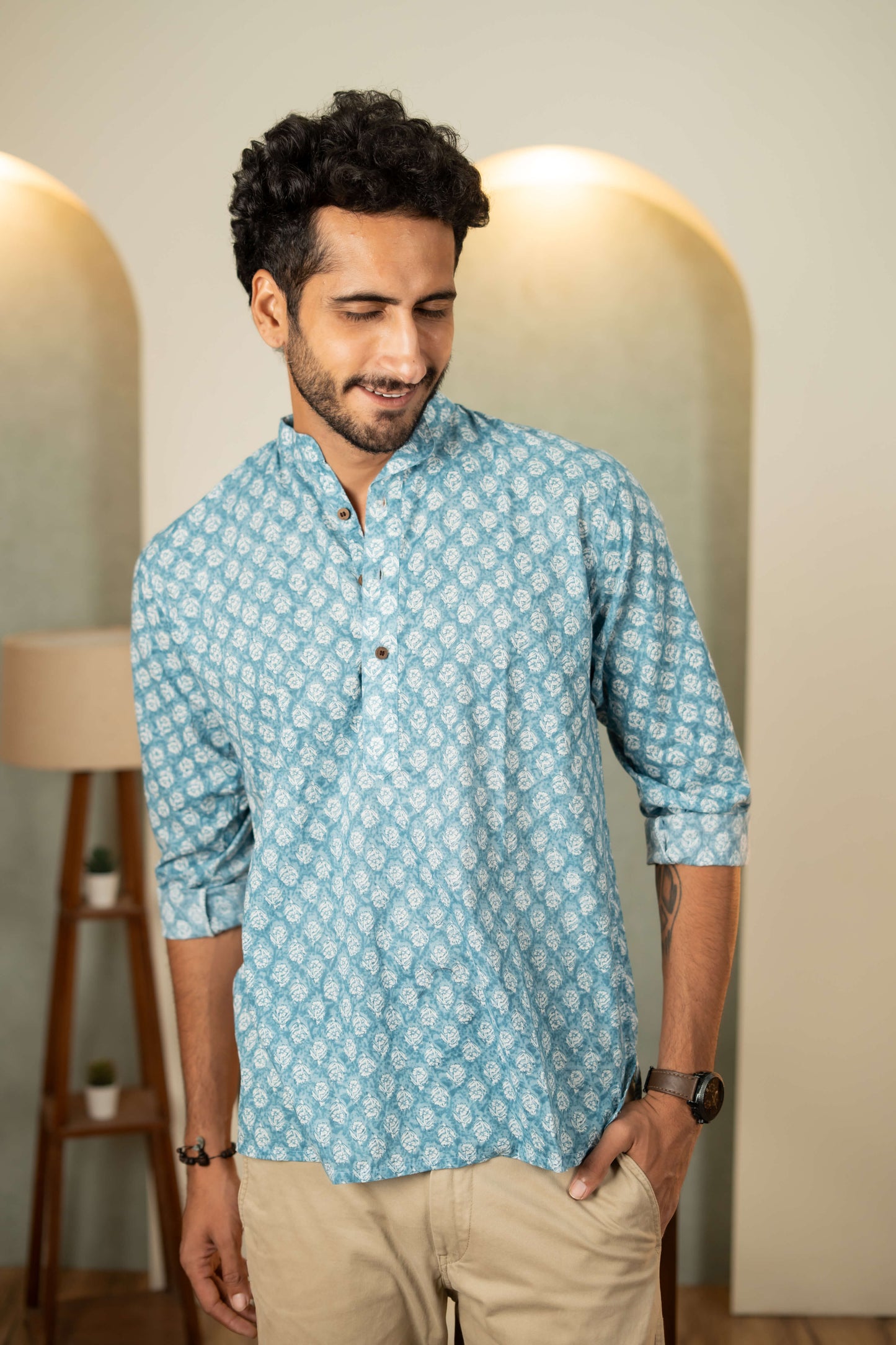 The Sky Blue Short Kurta With Floral Butti Print