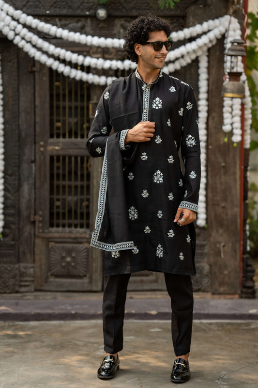 The Black Long Kurta With White Embroidery and Sequins Work With Dupatta