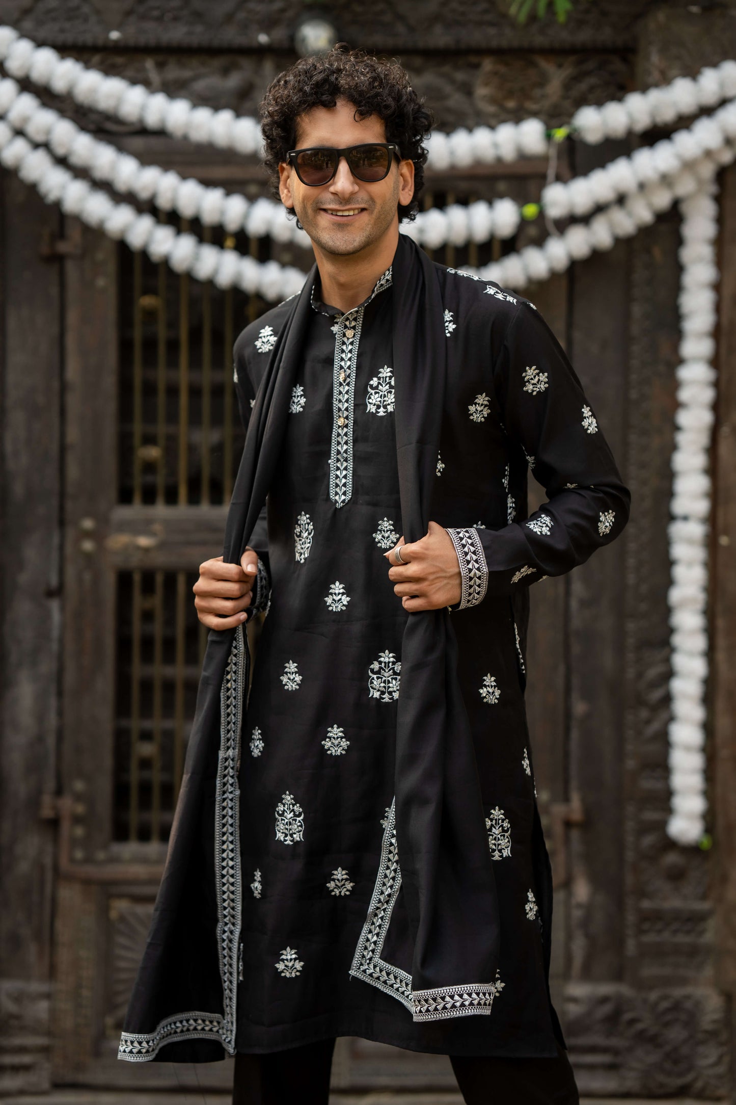 The Black Long Kurta With White Embroidery and Sequins Work With Dupatta