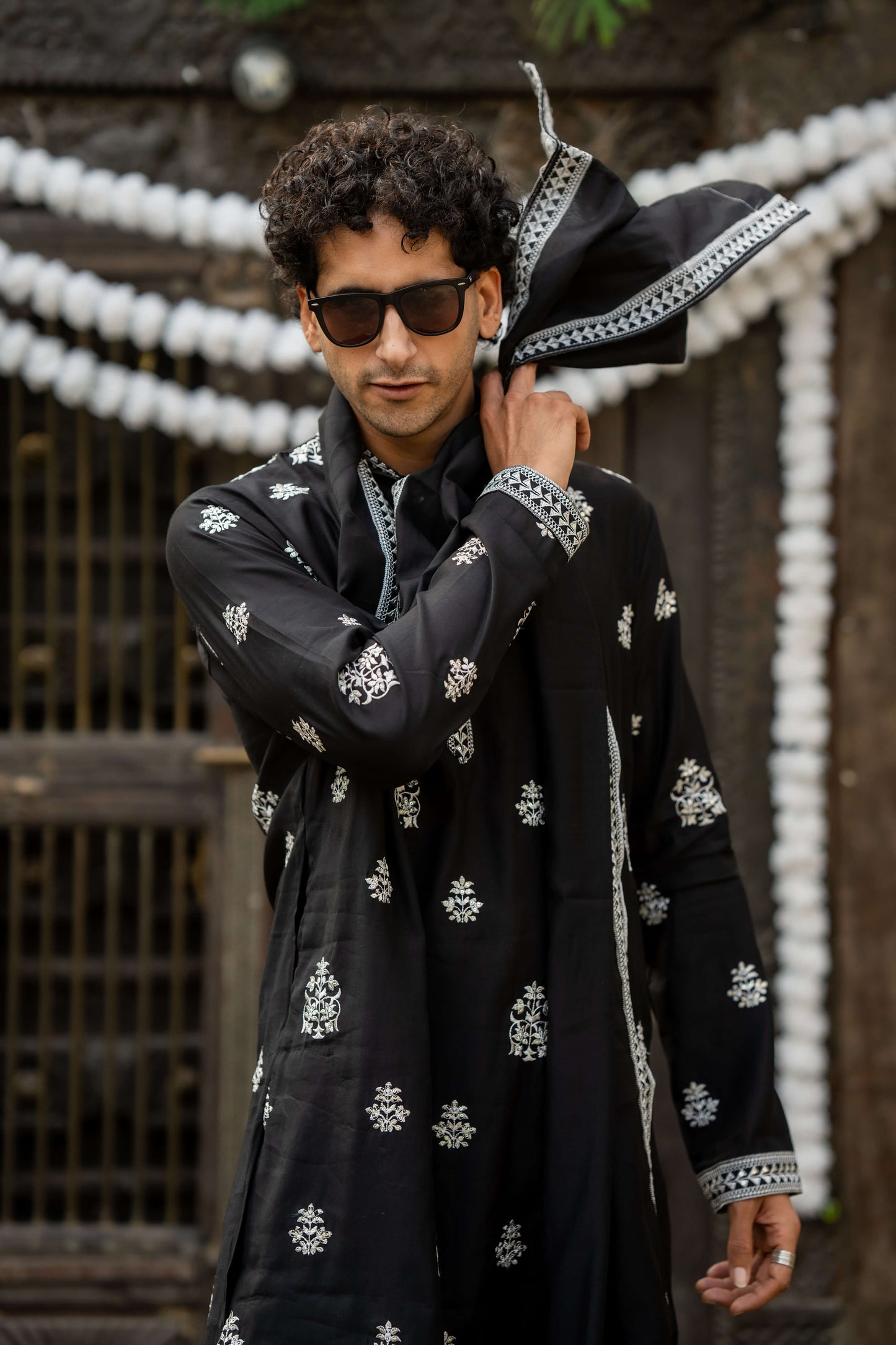 The Black Long Kurta With White Embroidery and Sequins Work With Dupatta