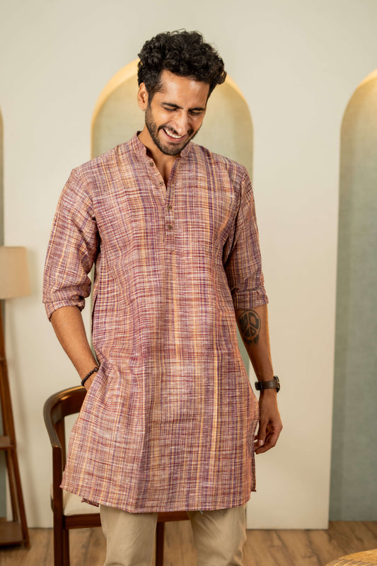 The Rustic Handwoven Long Kurta in Reddish Grey and Light Brown Color